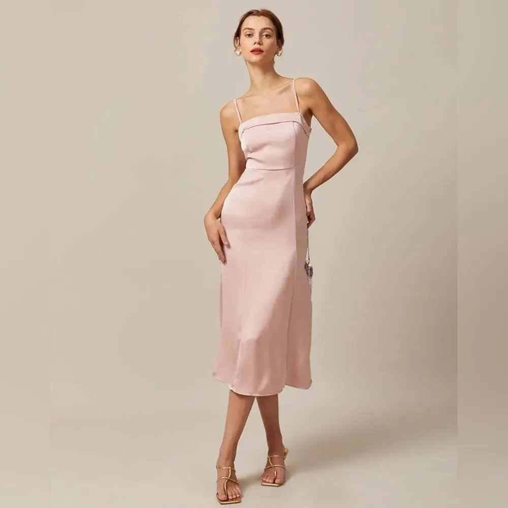 RIHOAS The Pink Bodycon Satin Cami Midi Dress XS